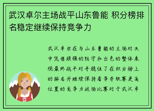 武汉卓尔主场战平山东鲁能 积分榜排名稳定继续保持竞争力