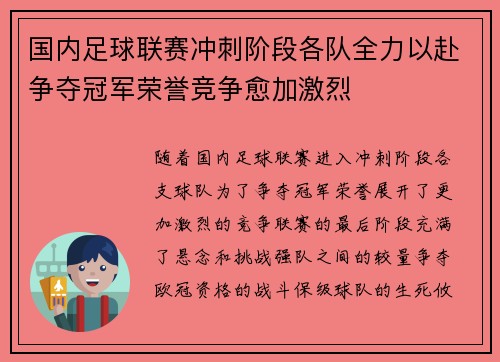 国内足球联赛冲刺阶段各队全力以赴争夺冠军荣誉竞争愈加激烈