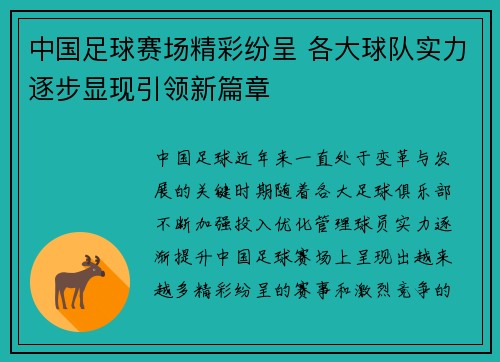 中国足球赛场精彩纷呈 各大球队实力逐步显现引领新篇章