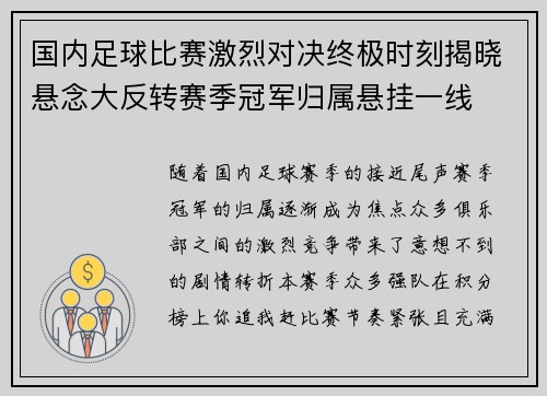 国内足球比赛激烈对决终极时刻揭晓悬念大反转赛季冠军归属悬挂一线